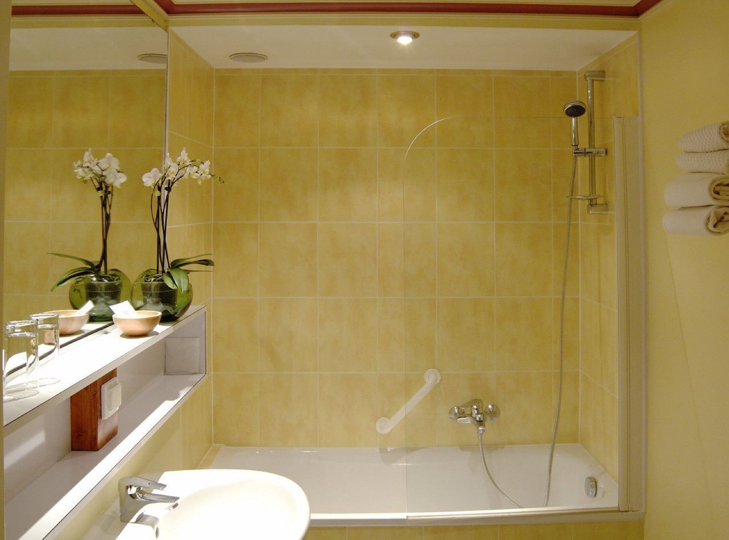 Une salle de bain avec des murs recouverts de carreaux jaunes, une baignoire blanche, une douche en verre et un meuble-lavabo avec un miroir, un évier et des plantes décoratives.