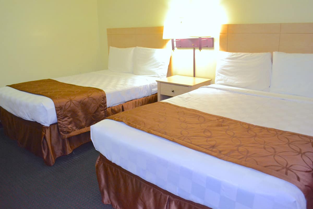 Two single beds with brown bedspreads, a nightstand, and a lamp between them.