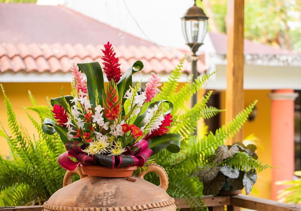 Um vaso de terracota com um arranjo floral sobre uma mesa.