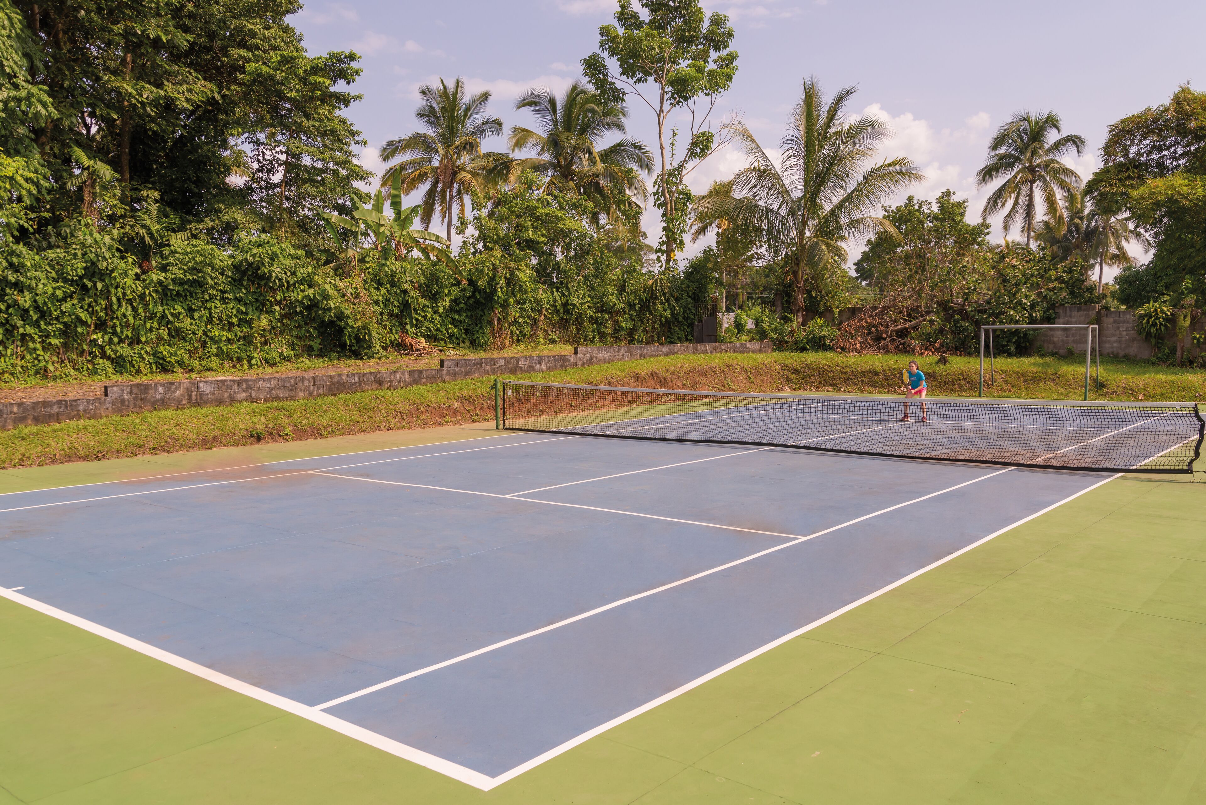 Un court de tennis en plein air, entouré d’une végétation luxuriante et de palmiers.