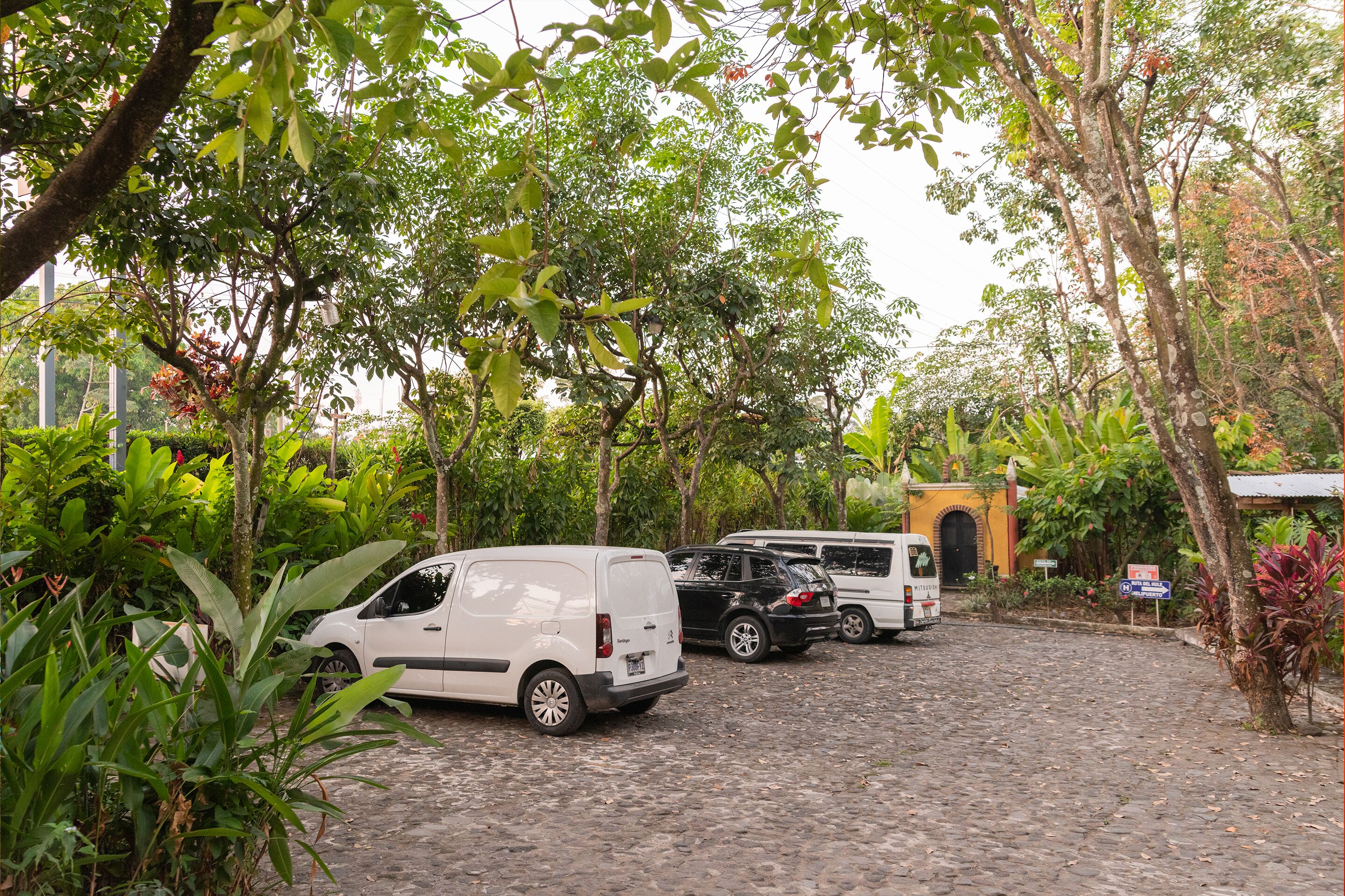 A paved courtyard with parked vehicles, surrounded by lush greenery and trees.
