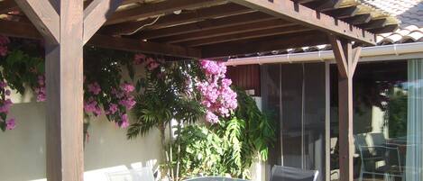 An outdoor patio with a pergola, a glass table, and chairs.