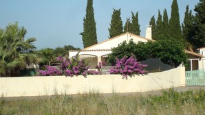 Una casa con fachada blanca, rodeada de árboles altos y plantas con flores moradas.