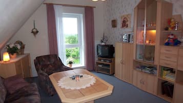 Fernseher, DVD-Player, Bücher, Stereoanlage