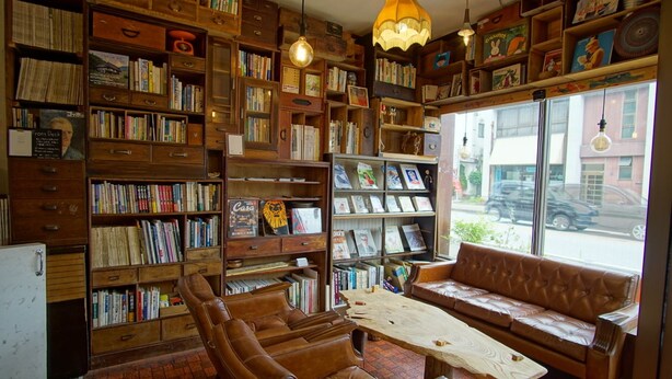 A cozy reading nook with leather chairs, a wooden table, and bookshelves filled with books and decorative items. - Hakuba Station Guest House Hostel eN (Hakuba)