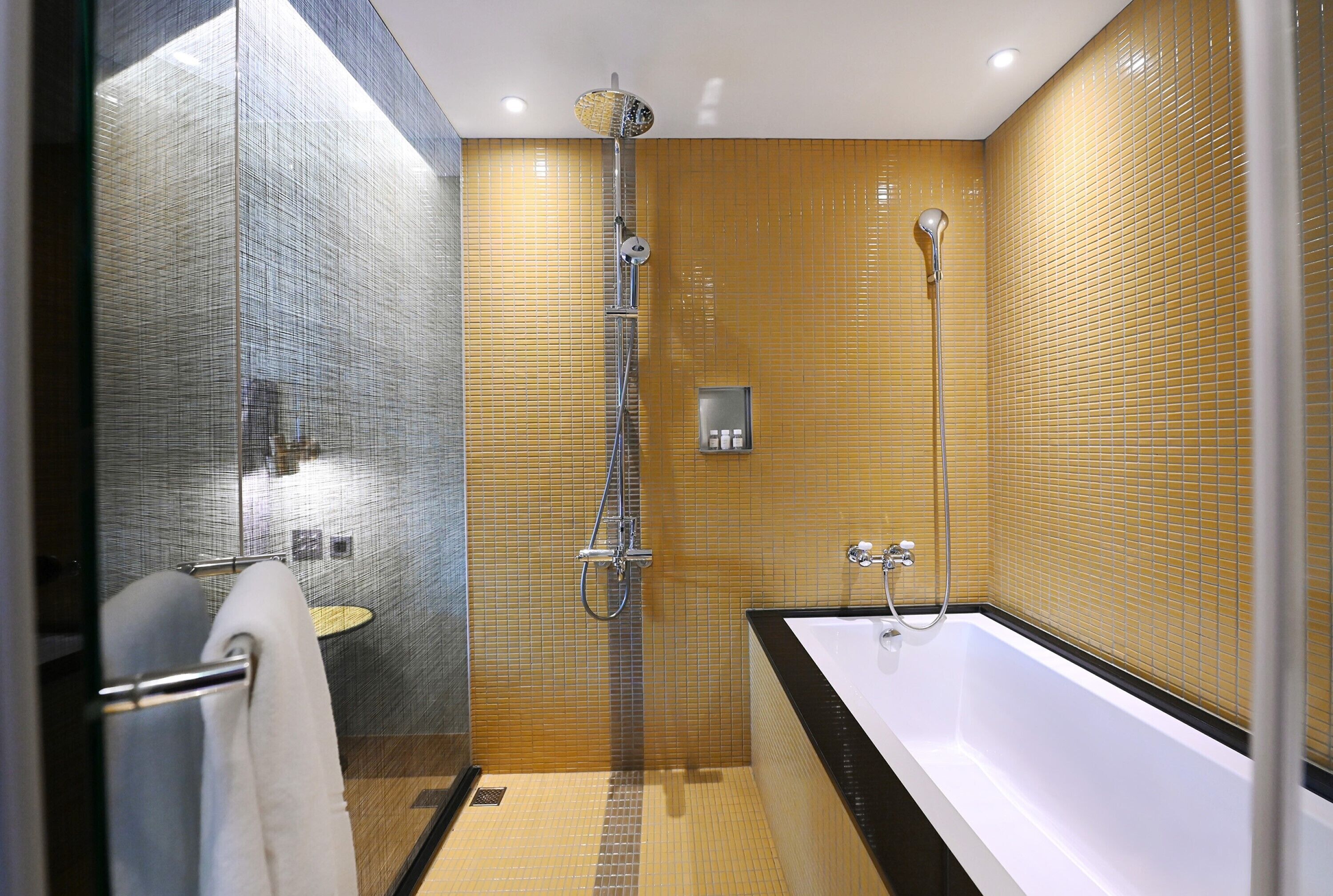 deluxe suite | bathroom | hair dryer, electronic bidet, towels, shampoo