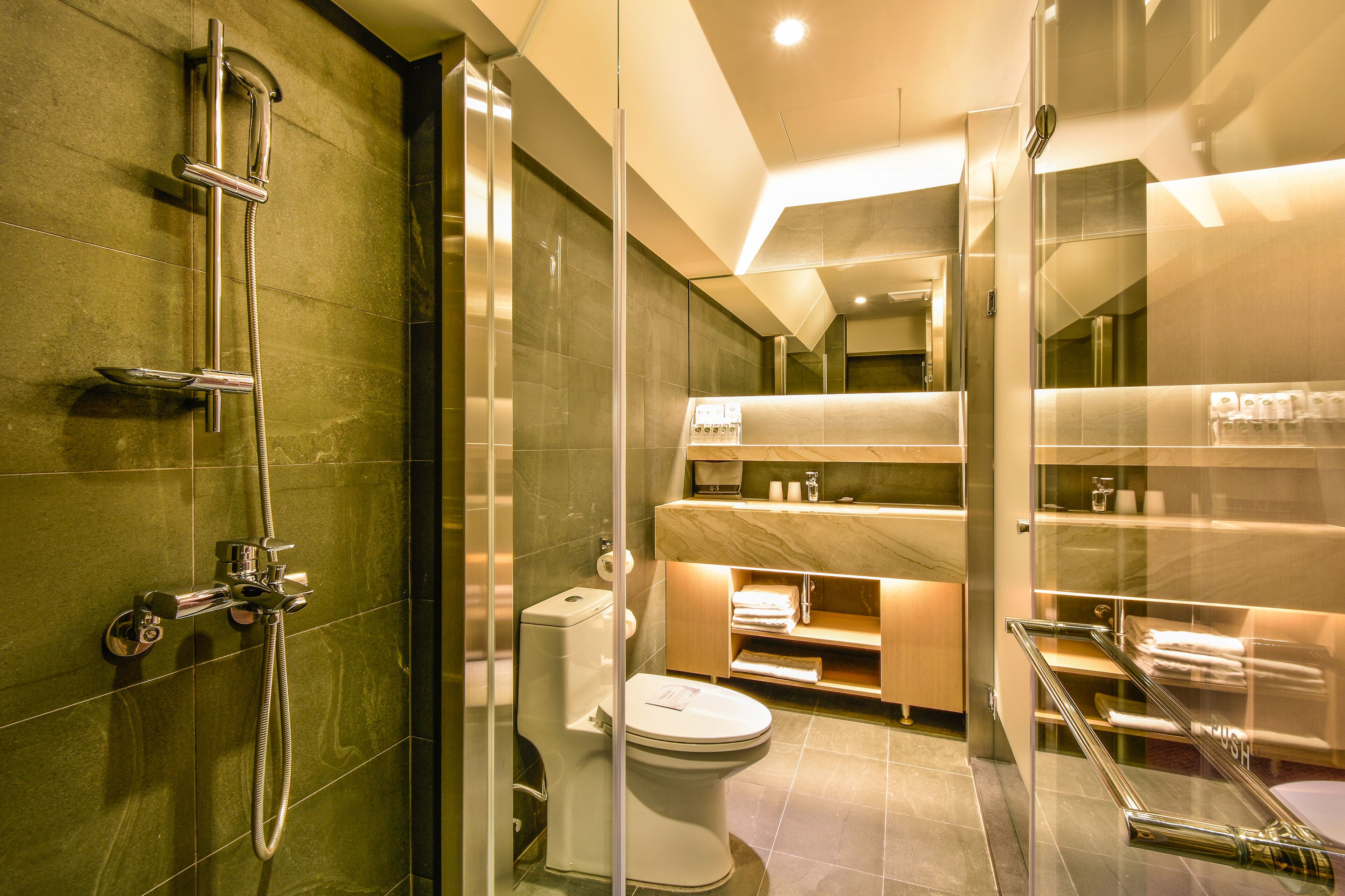 hair dryer, slippers, towels, shampoo