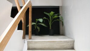 Un escalier avec des rampes en bois mène à un palier. Deux plantes en pot sont placées sur le palier.
