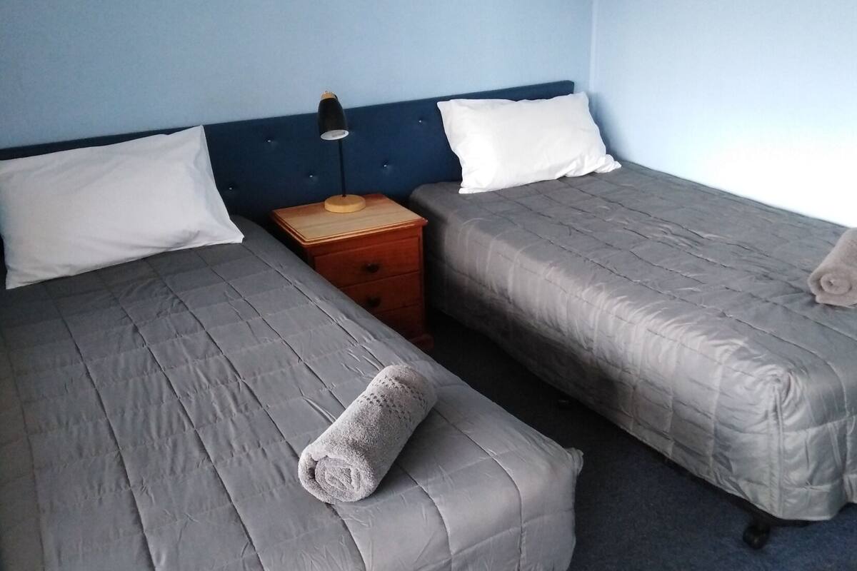 A room with two beds, each with a grey duvet and white pillows. There is a wooden nightstand with a lamp between the beds.