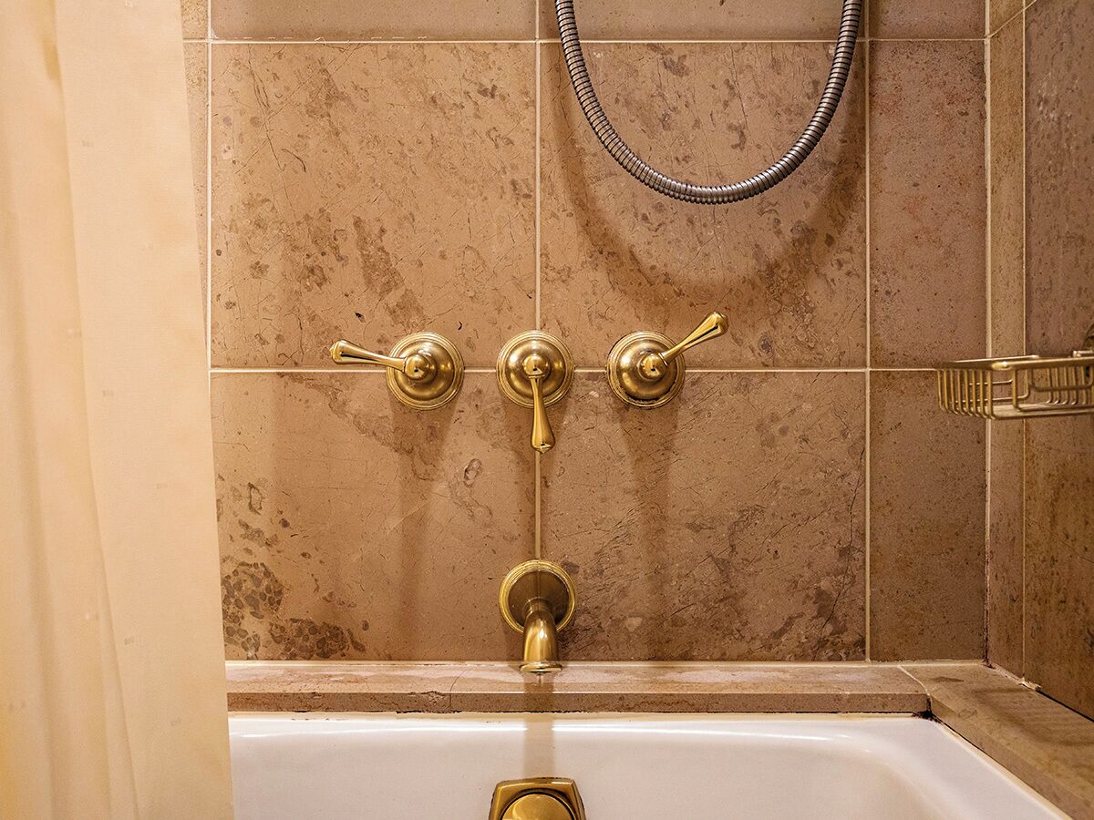 A bathtub with three gold faucets and a handheld showerhead.
