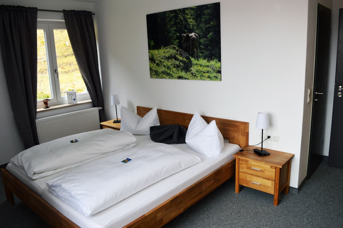 Ein Doppelbett mit weißer Bettwäsche, ein Nachttisch mit Lampe und ein Waldgemälde an der Wand.