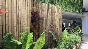 Una cerca de bambú con diversas plantas tropicales al frente.