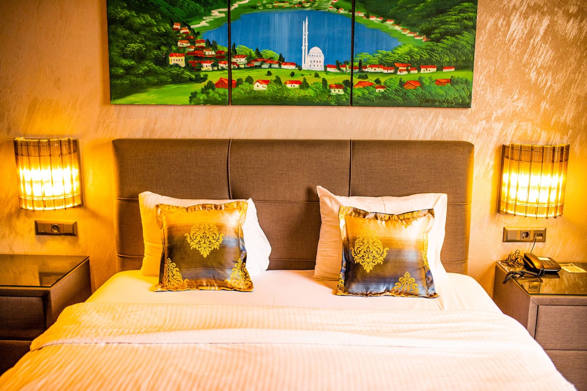 A hotel room with a large bed, two decorative pillows, a headboard, bedside lamps, and a painting of a landscape on the wall.