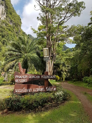 A signpost with 'Phanom Bencha Mountain Resort' written on it, surrounded by lush greenery and a dirt path. - Phanom Bencha Mountain Resort (Krabi)