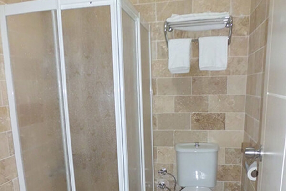 Une salle de bain avec une douche à parois de verre, des toilettes et un porte-serviettes.