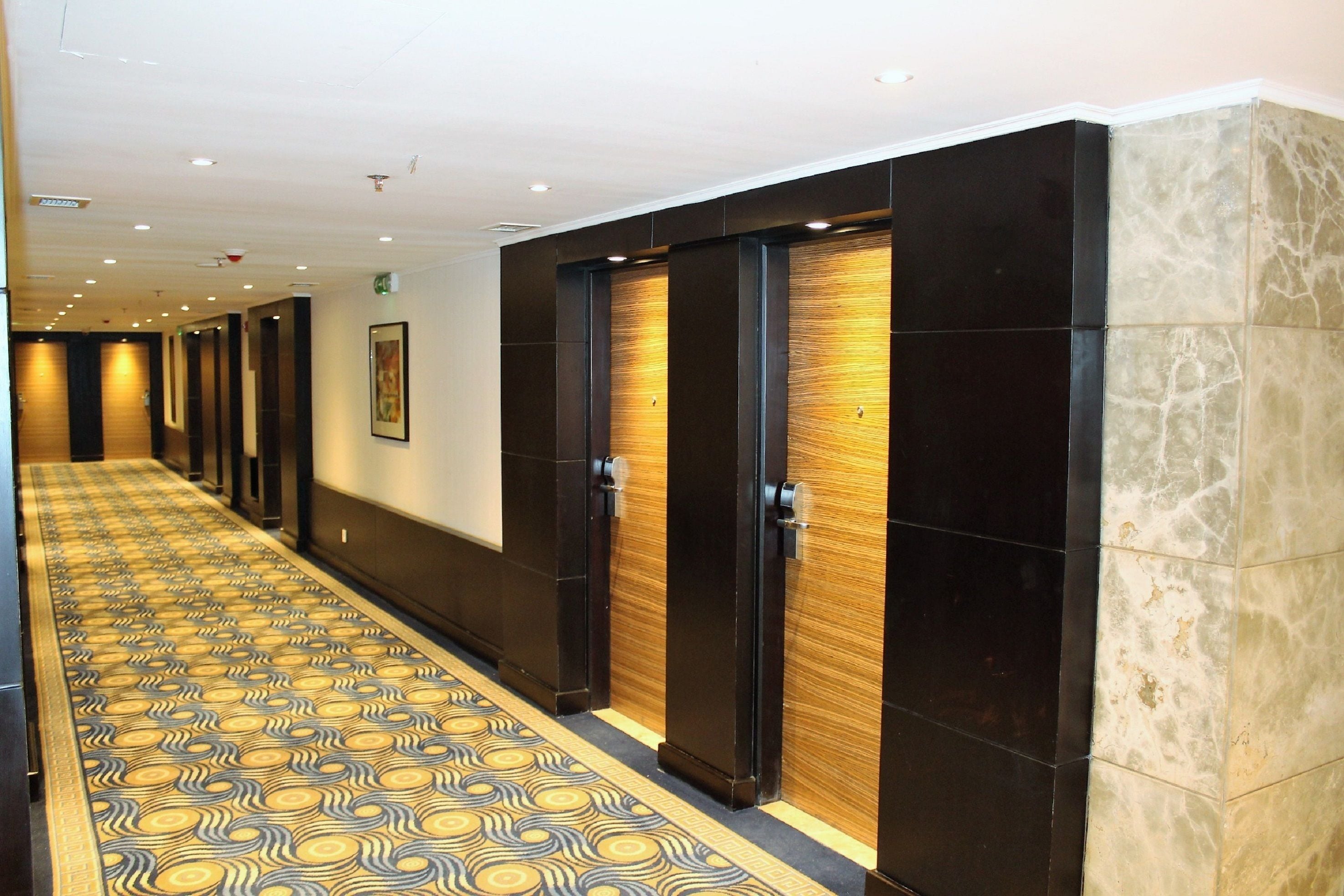 Un corridoio d'albergo con tappeto a motivi, porte in legno scuro e pareti in marmo.