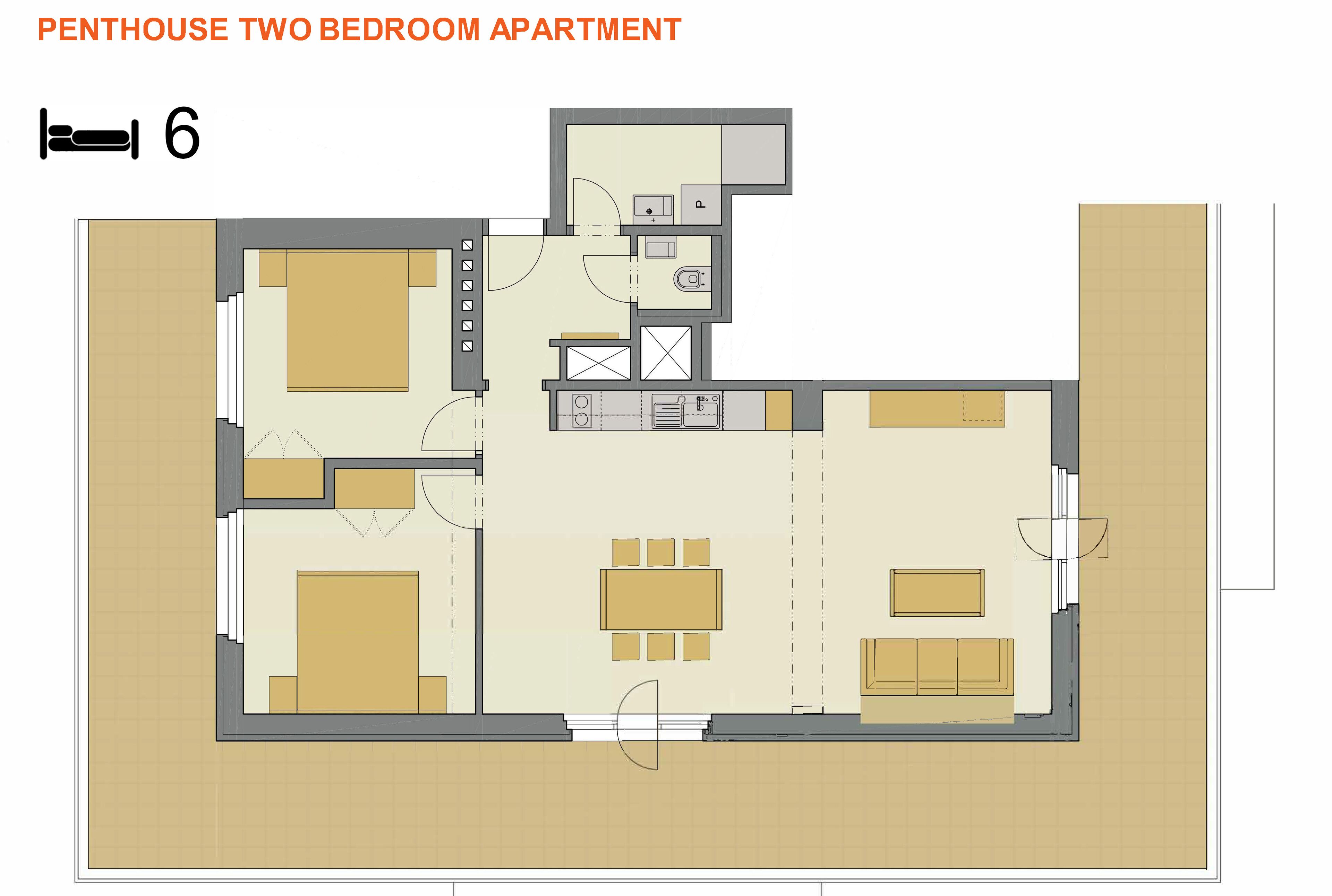 A floor plan of a penthouse two-bedroom apartment with a kitchen, dining area, two bedrooms, and a bathroom.