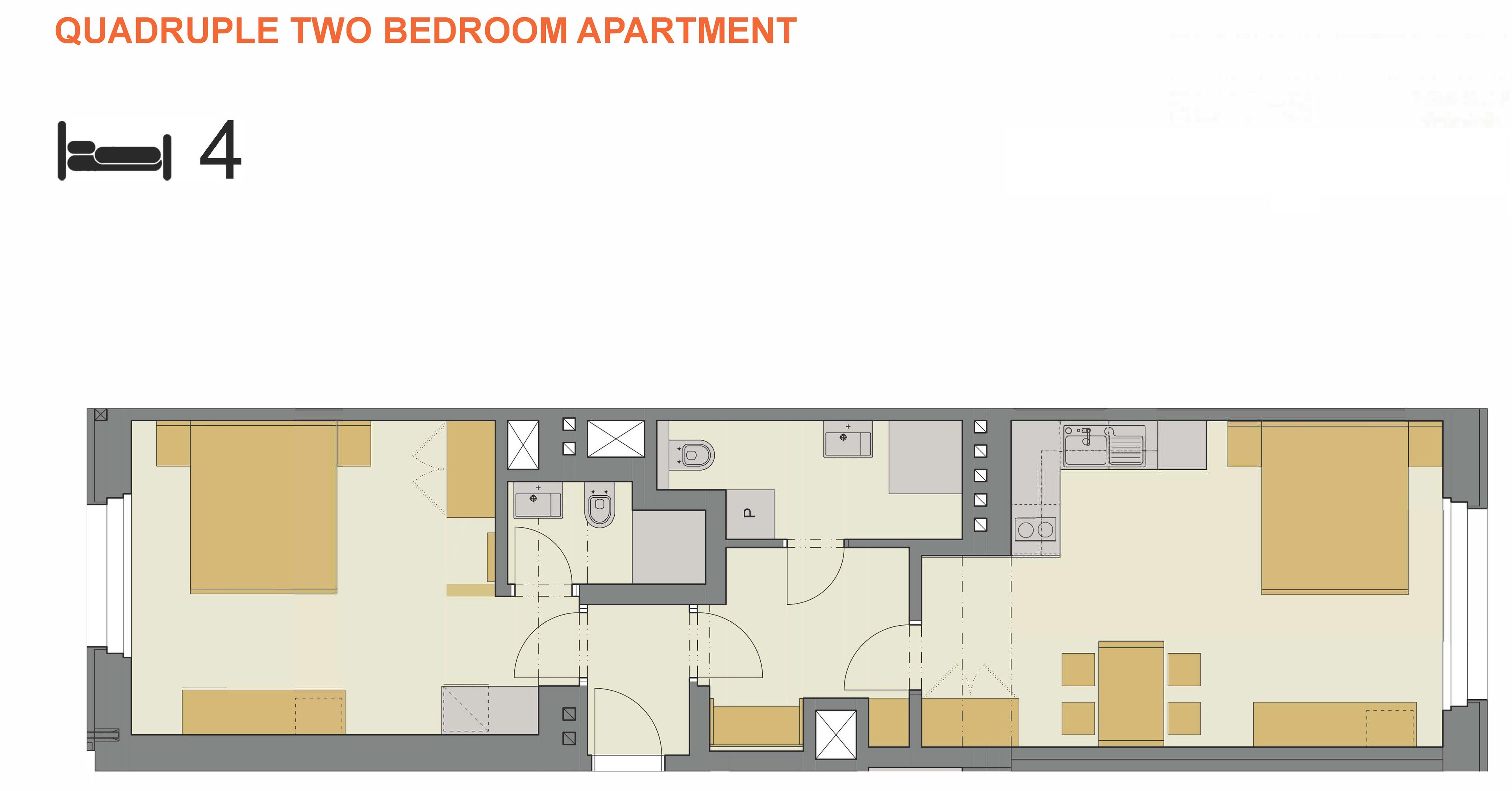 Plan d’étage d’un appartement en duplex comprenant quatre chambres, une cuisine, un coin repas et deux salles de bain.