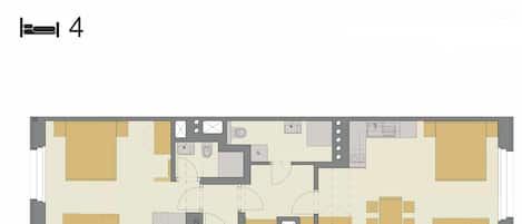 Plan d’étage d’un appartement en duplex comprenant quatre chambres, une cuisine, un coin repas et deux salles de bain.