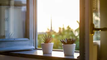 Dos plantas en macetas sobre un alféizar con vistas a follaje exterior.