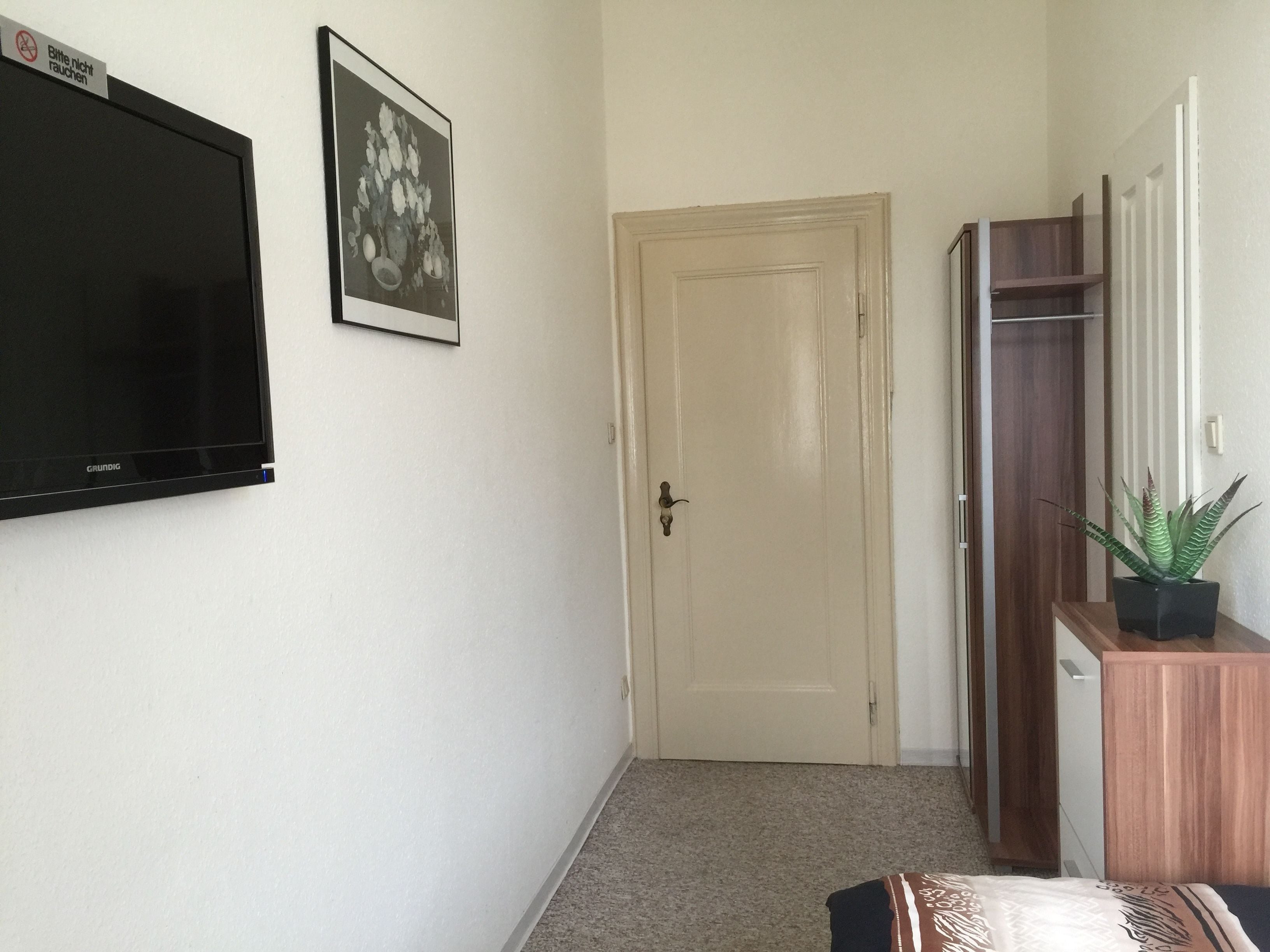 Un couloir avec une porte fermée, un téléviseur fixé au mur et une plante en pot.