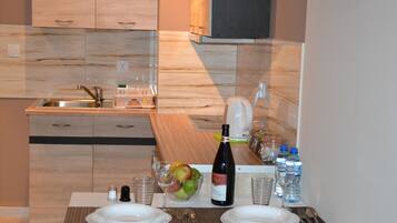 Studio, Balcony (Langiewicza Street 28) | Private kitchen | Full-size fridge, stovetop, coffee/tea maker, electric kettle