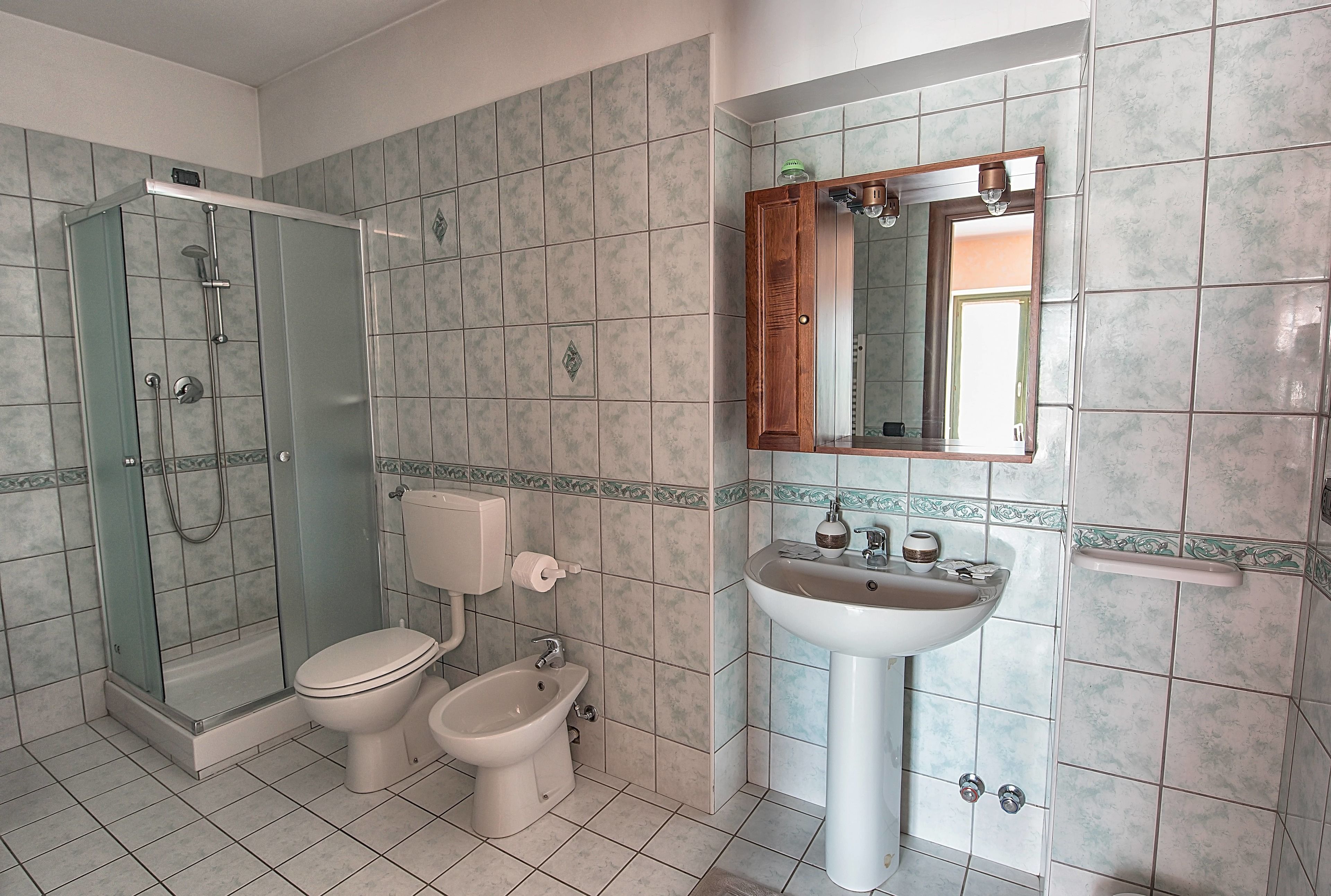 A bathroom with a glass-enclosed shower, a toilet, a bidet, and a sink with a mirror above it.