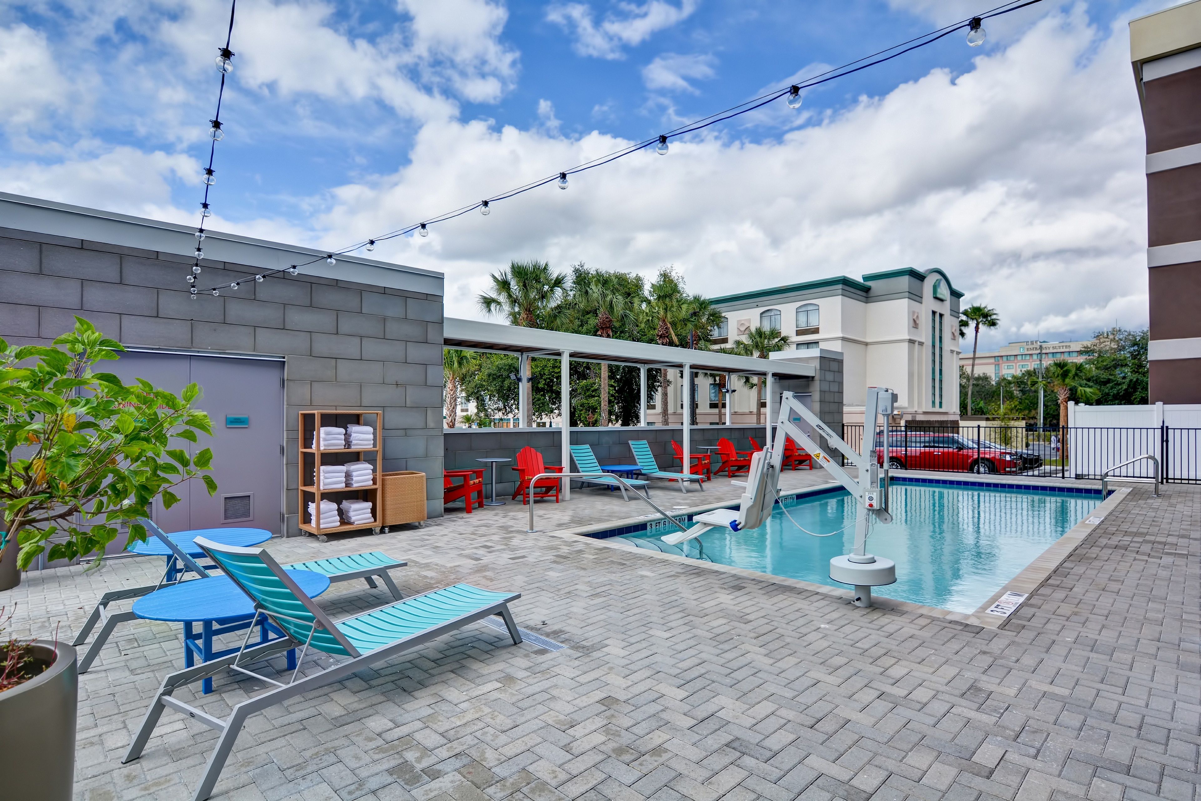 outdoor pool, pool umbrellas