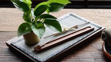 A potted plant, chopsticks, and a woven mat on a wooden table.
