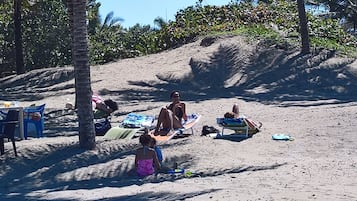 Guests can relax on sun loungers in this serene beach setting.