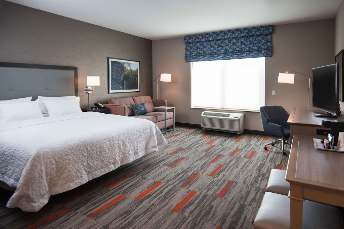 A hotel room with a bed, a desk, a chair, a sofa, a TV, a window with blinds, and an air conditioner.