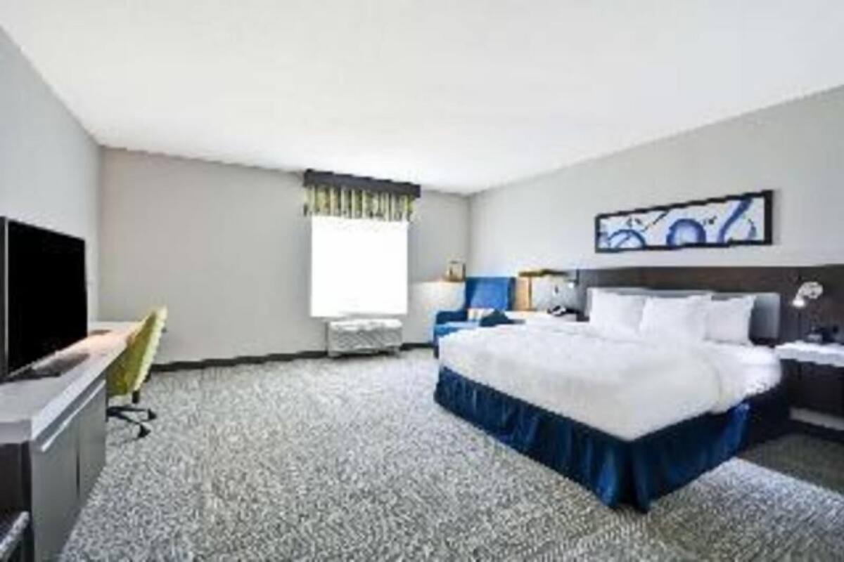 A hotel room with a bed, a desk, a chair, a TV, and a window with curtains.
