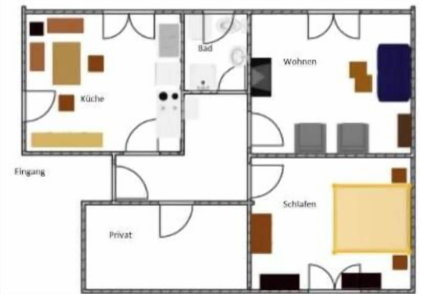 A hotel floor plan with separate rooms labeled as 'Bad', 'Wohnen', 'Küche', 'Privat', and 'Schlafen'.