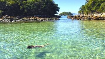 A swimmer in clear water with rocky shores and dense greenery.