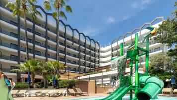 Indoor pool, outdoor pool, pool umbrellas, sun loungers