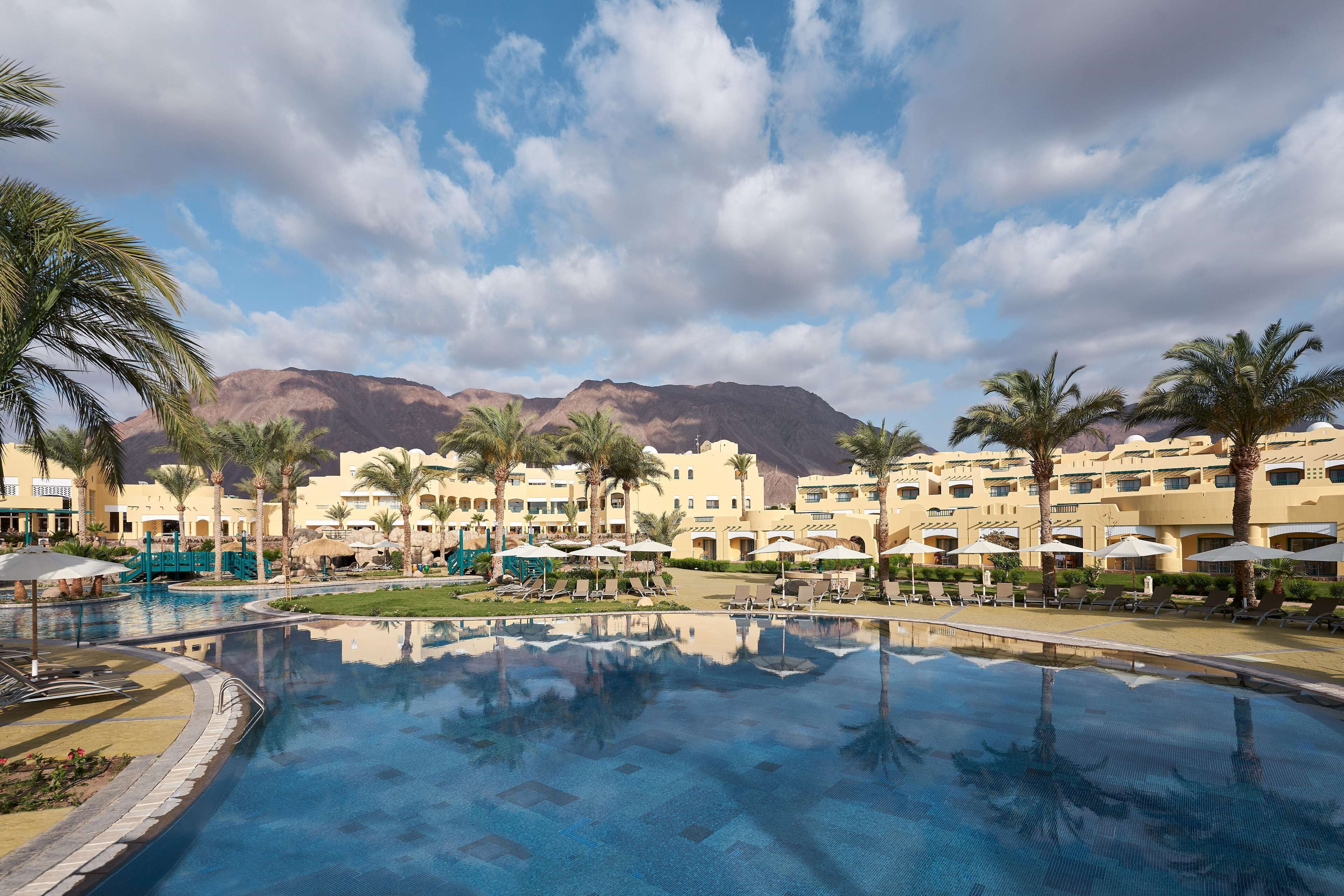 A resort pool with palm trees, a clear sky, and mountains in the background.