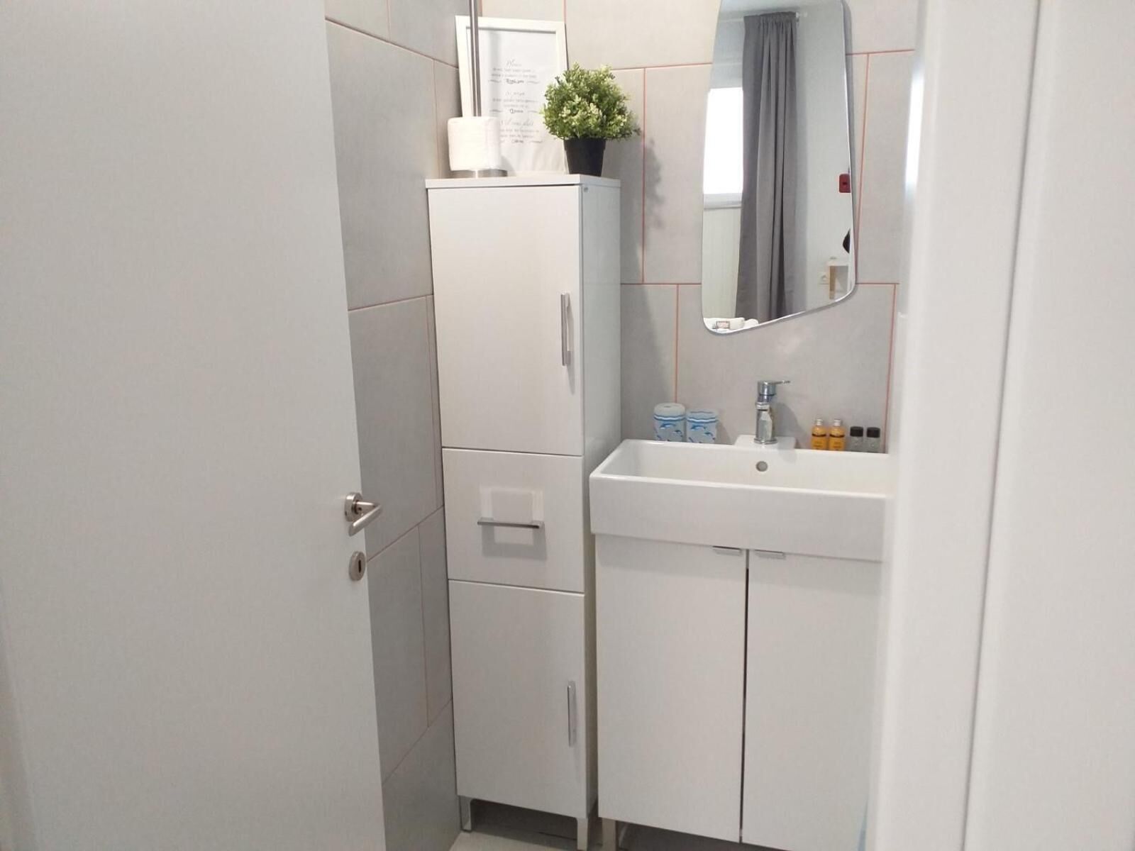 A bathroom with a white sink, mirror, and cabinets. There is a plant on the sink and toiletries on the counter.