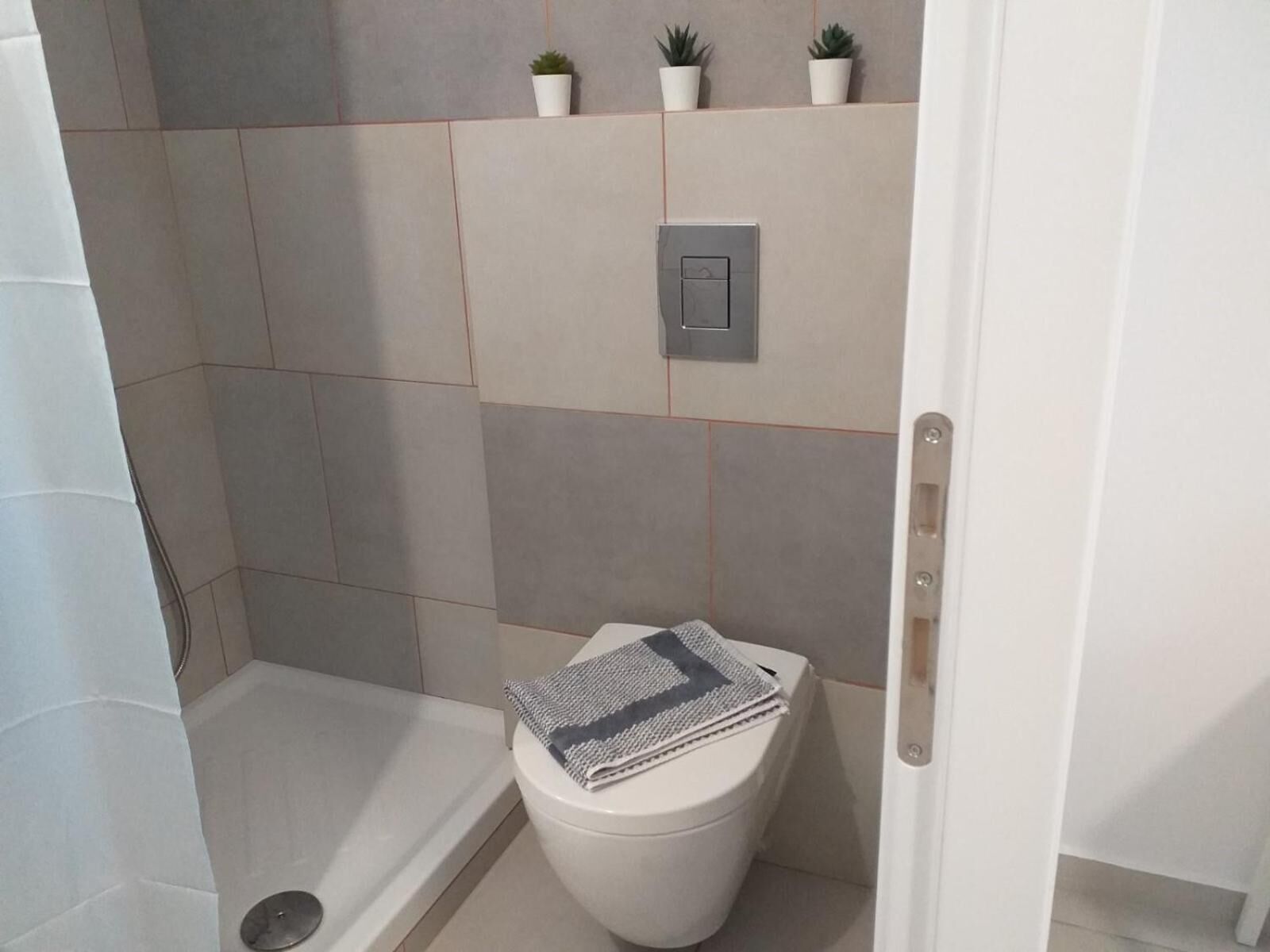 A modern bathroom with a white toilet, a shower area, and a wall-mounted light switch.