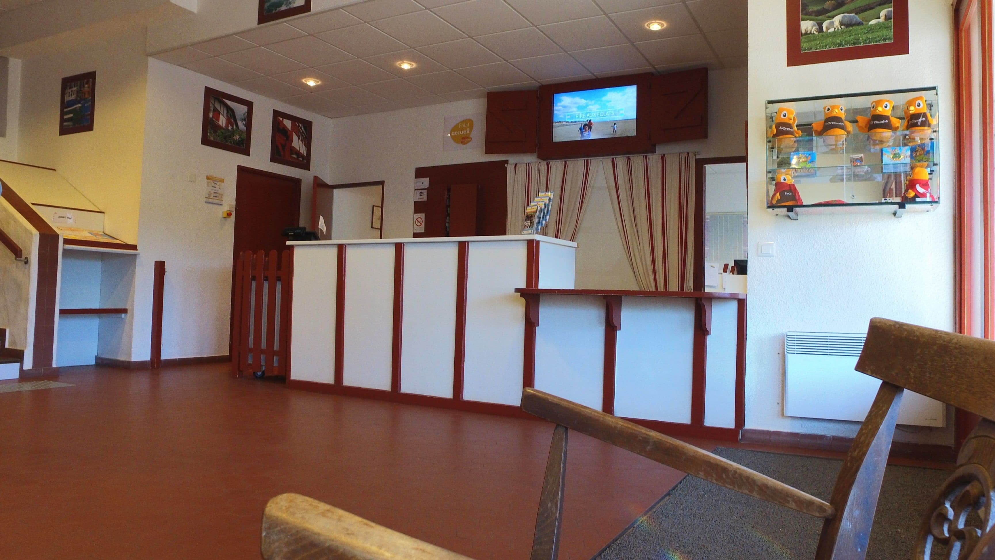 Un área de recepción con mostrador, televisor montado encima y una exhibición de peluches en la pared.