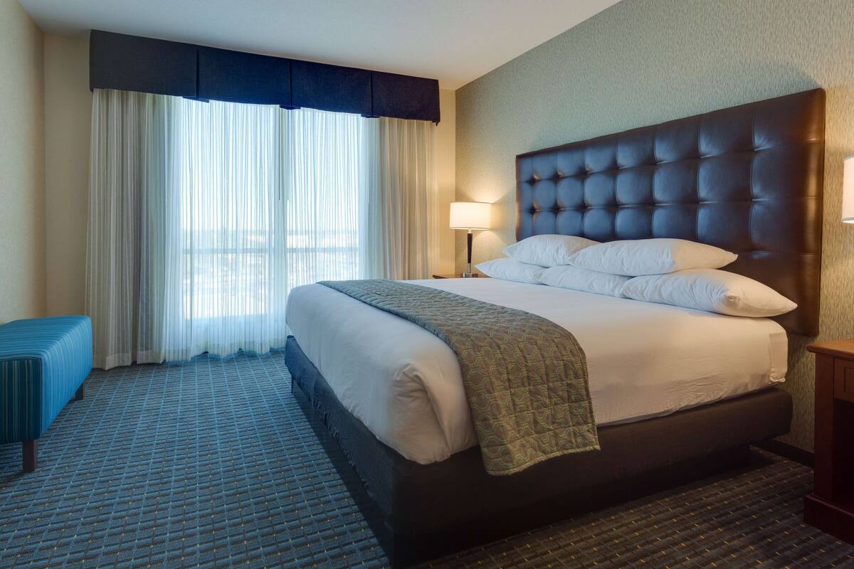 A hotel room with a large bed, a bedside table, a lamp, and a window with curtains.