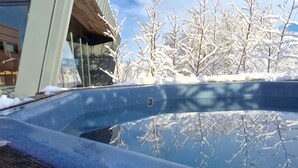 A swimming pool with snow-covered trees in the background. - Luxury, Modern, Amazing River/Mountain view with Hot Tub. Winter/Summer Holiday (Bifröst)