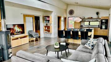 Smart TV, chimenea, libros y biblioteca musical