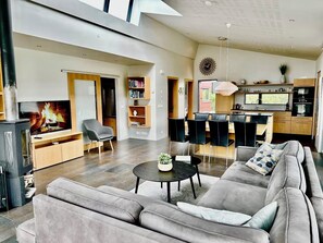 تلفزيون ذكي، مدفأة، كُتُب، مكتبة موسيقى