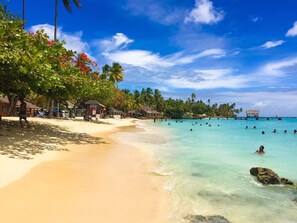 A beach with clear turquoise water, palm trees, and beach huts. - Tropical oasis, Store Bay / Pigeon Point  (Scarborough)