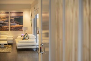 55-inch flat-screen TV with cable channels, TV, fireplace