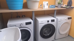 Un espace buanderie comprenant deux machines à laver à chargement frontal, un évier bleu, un évier blanc et une étagère avec divers objets, notamment une boîte et une plante.