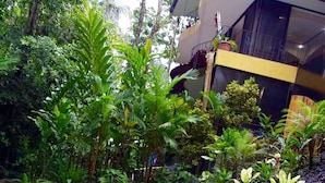 A swimming pool with lounge chairs and surrounding greenery. - Enchanted Home 7  bedroom home. (Quepos/Manuel Antonio)