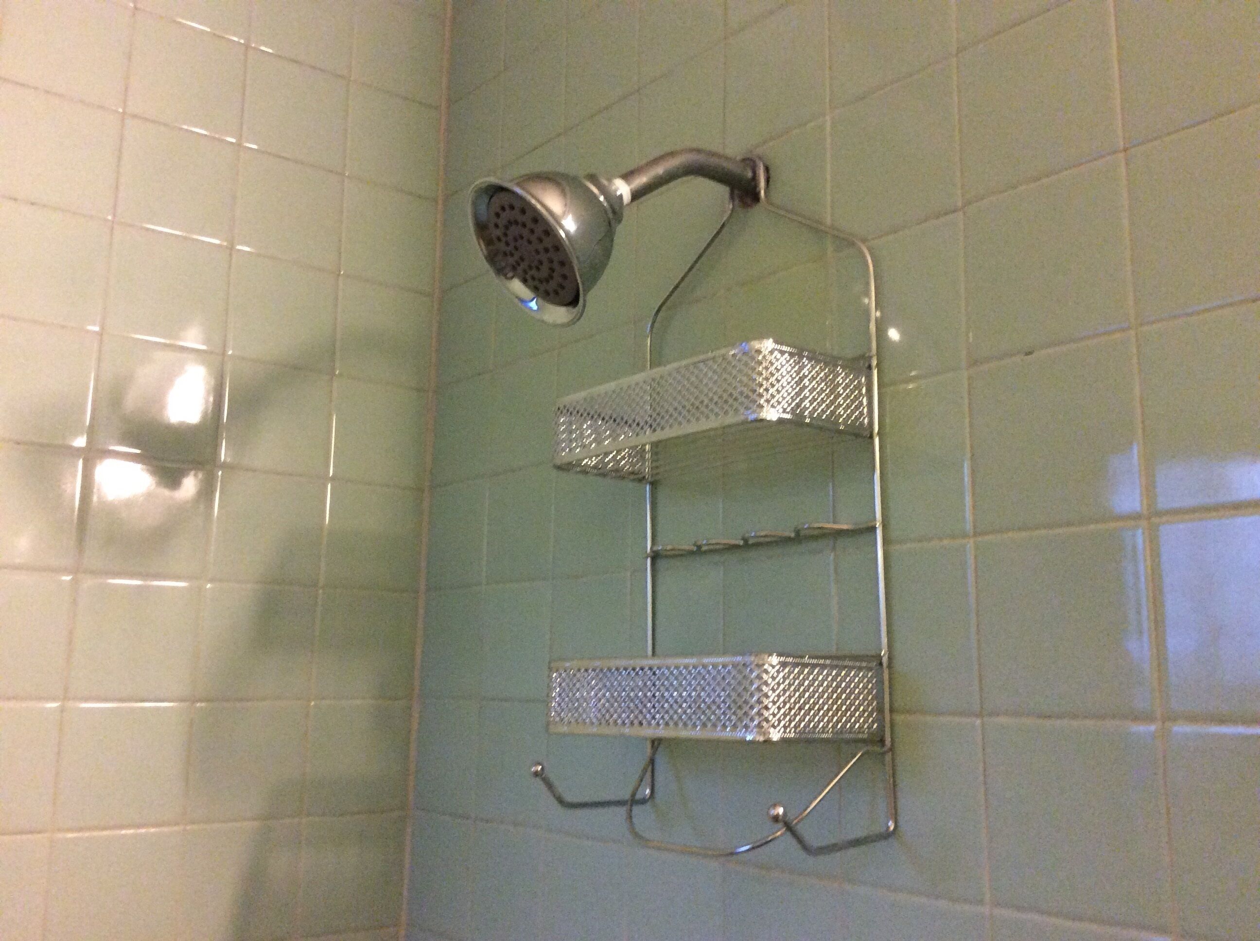 A shower with a handheld showerhead and a metal shelf unit.