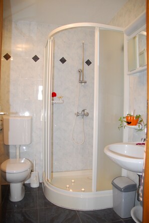 Shower, hair dryer, towels, soap
