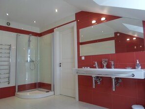 Bathtub, hair dryer, bidet, towels